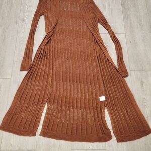 Freshman Rust Orange Pointelle Knit Longline Duster Cardigan Small